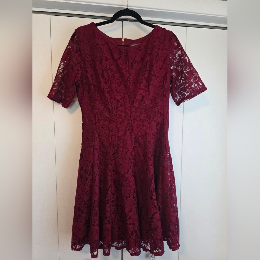 Danny & Nicole Burgundy Lace Midi Dress 12 Holiday Beauty Gold Zipper